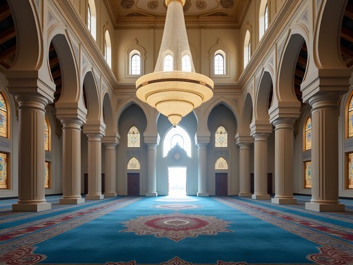 Ornate interior of Sultan Qaboos Grand Mosque with massive chandelier and prayer carpet