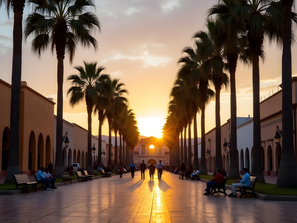 Sunset view of Nazca town plaza with palm trees and colonial architecture