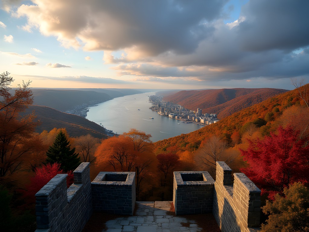 Panoramic autumn view from Fort Tryon Park overlooking the Hudson River with fall foliage