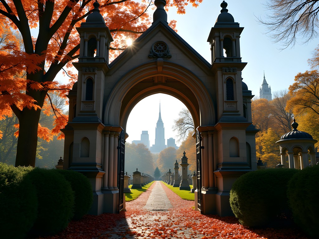 Historic Green-Wood Cemetery in Brooklyn with fall foliage and Manhattan skyline view
