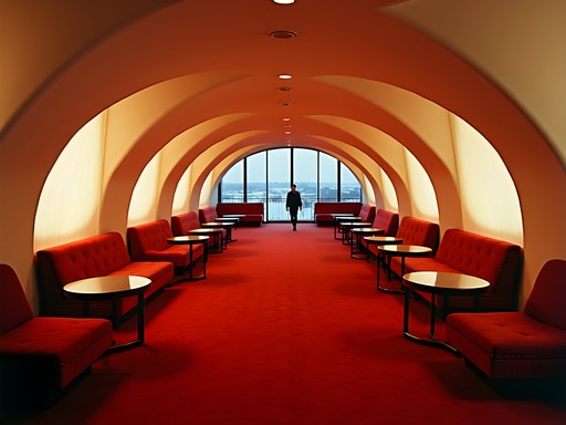 Retro-futuristic interior of the TWA Hotel at JFK Airport with mid-century modern design