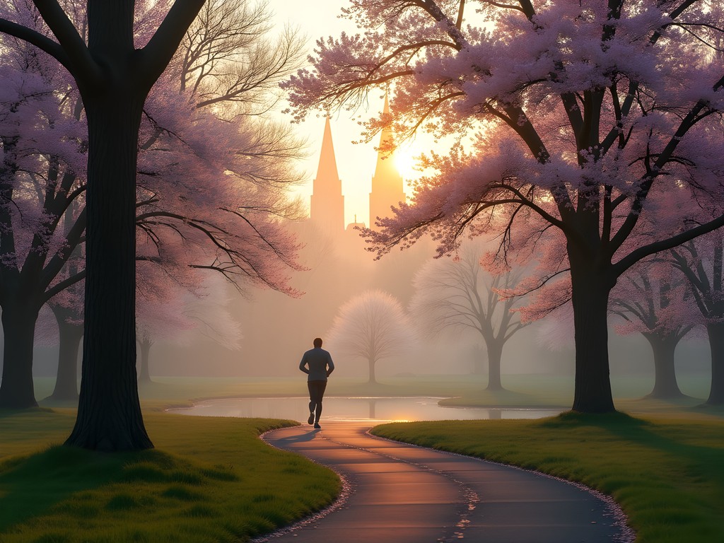 Early morning runner on path through blooming cherry trees in Branch Brook Park with cathedral spires visible in background