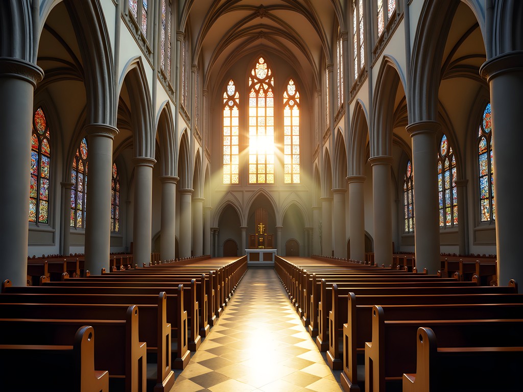 Cathedral Basilica of the Sacred Heart in Newark with dramatic sunset light streaming through stained glass windows