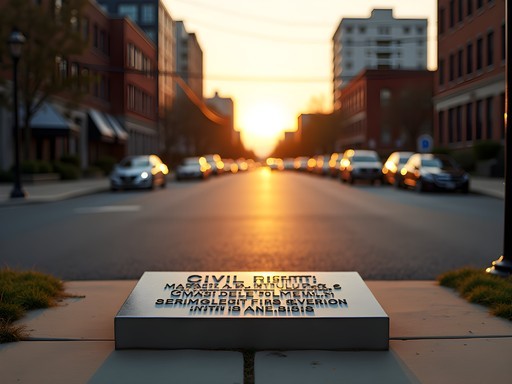 Memorial marker at Springfield Avenue and 15th Avenue in Newark at sunrise with long shadows