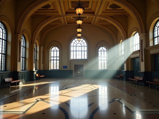 Art Deco interior details of historic Newark Penn Station with terrazzo floors and bronze fixtures