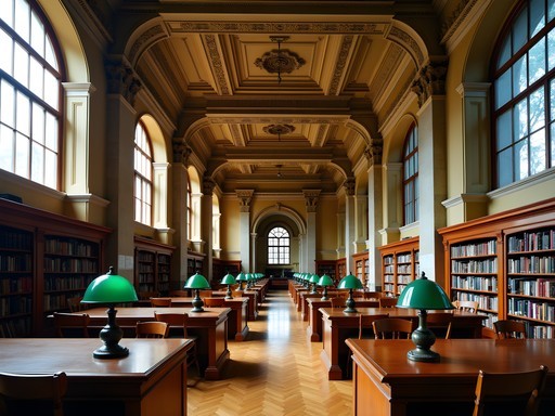 Historic reading room in Newark Public Library with ornate ceiling details and wooden bookshelves