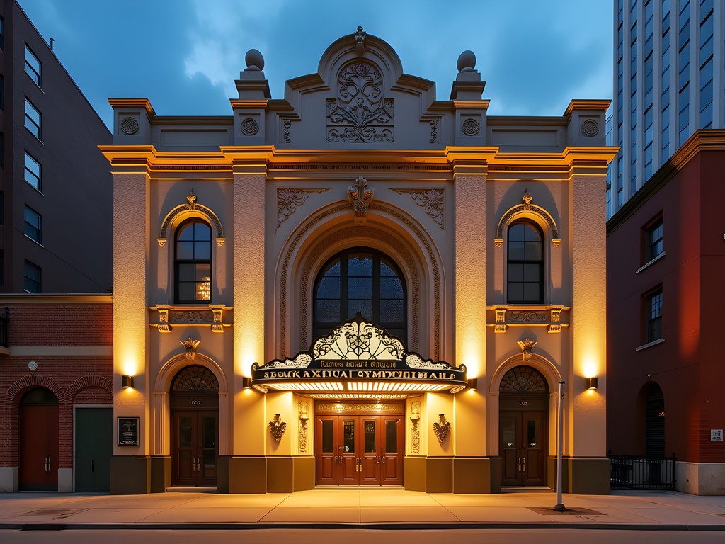 Historic facade of Newark Symphony Hall (formerly Mosque Theater) with distinctive architectural details