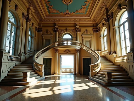 The ornate Great Hall of The Breakers mansion in Newport with gilded ceiling and grand staircase