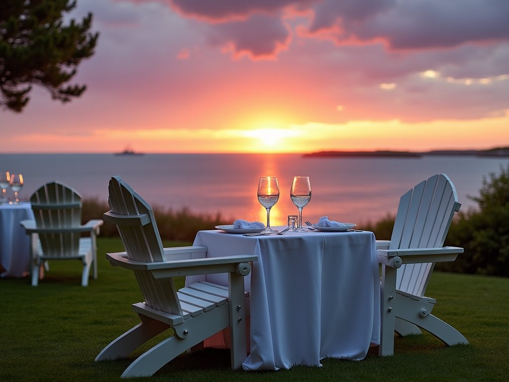 Elegant oceanfront dining setup in Newport with Atlantic views at sunset