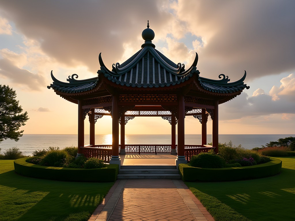 Chinese Tea House at Marble House with Atlantic Ocean backdrop