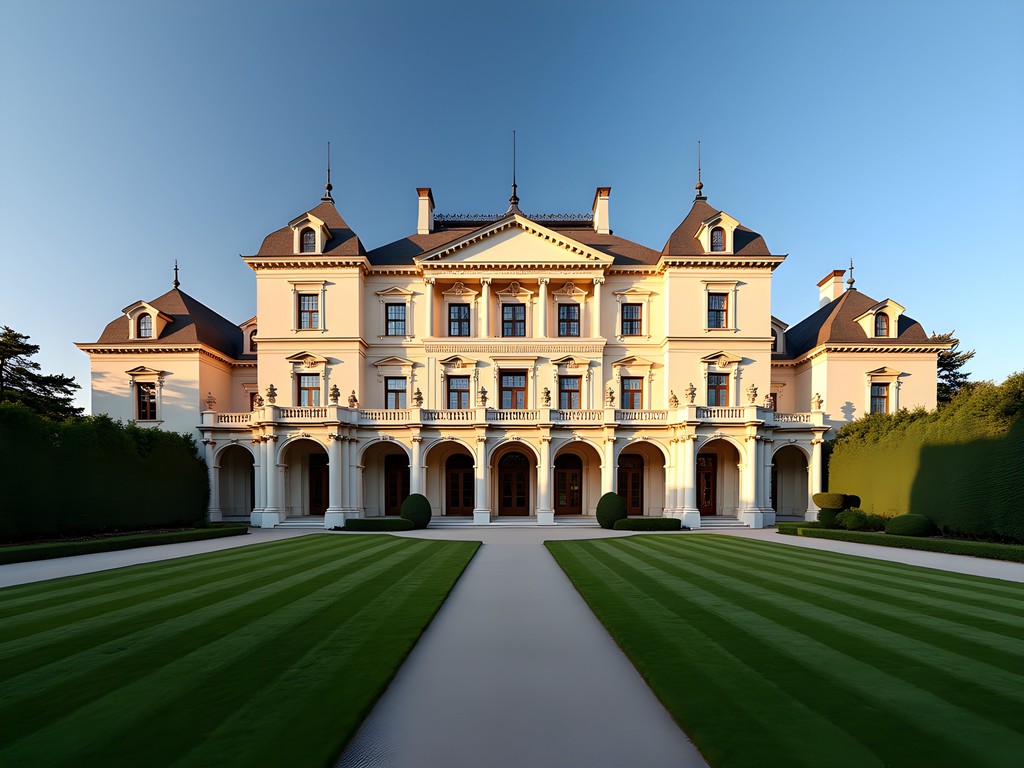 The Breakers mansion exterior facade with manicured gardens in Newport, Rhode Island