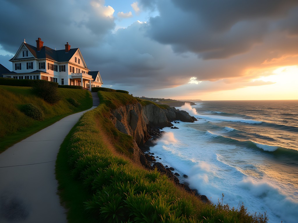 Newport Cliff Walk with mansion views and Atlantic Ocean waves crashing against rocky shore
