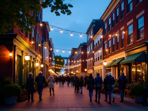 Evening scene on Thames Street in Newport with historic buildings, shops and restaurants