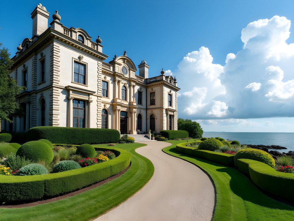 The magnificent exterior of The Breakers mansion in Newport with Atlantic Ocean views