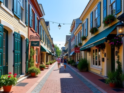 Charming colonial-era buildings along Thames Street in historic Newport