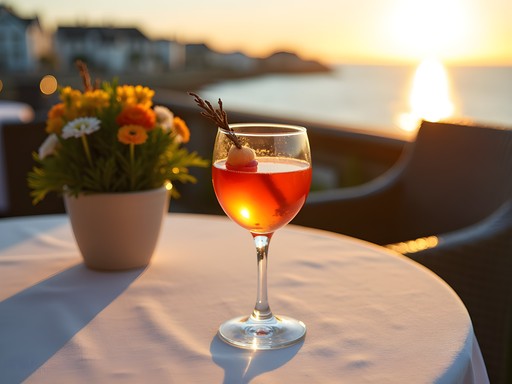 Craft cocktail with ocean and mansion view from Newport restaurant terrace