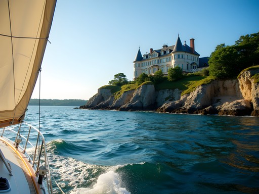 View of Newport's historic mansions from sailboat on Narragansett Bay
