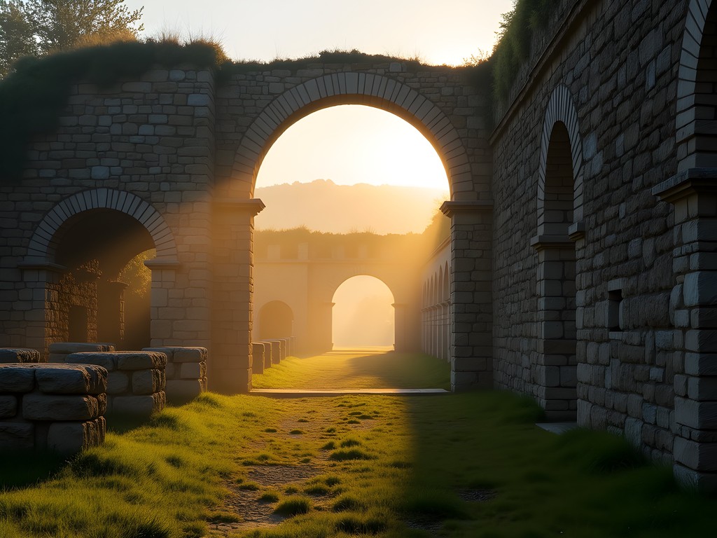 Ancient Roman ruins in Cimiez, Nice with early morning light casting long shadows across stone archways