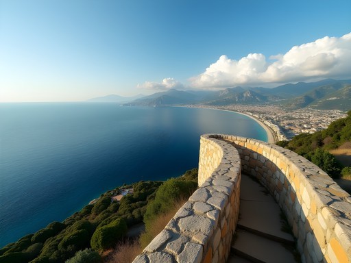 Panoramic view from Fort du Mont Alban showing the coastline of Nice and Villefranche-sur-Mer in autumn light