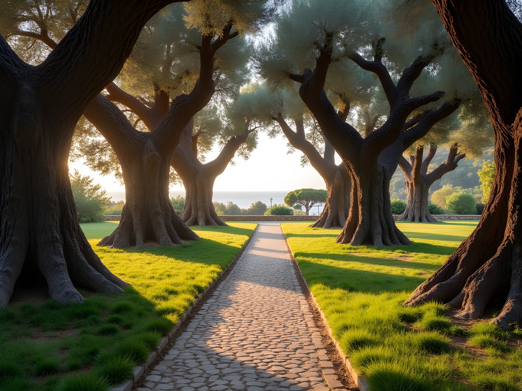 Ancient olive grove in the gardens of Monastère de Cimiez with Mediterranean Sea views in the distance