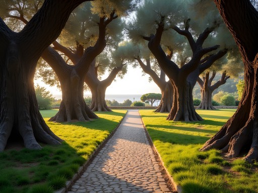 Ancient olive grove in the gardens of Monastère de Cimiez with Mediterranean Sea views in the distance