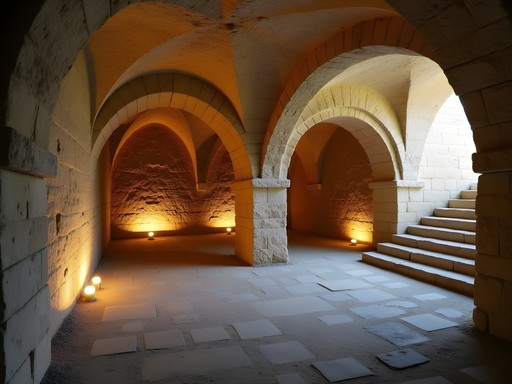 Underground archaeological crypt in Nice showing preserved medieval city walls with atmospheric lighting