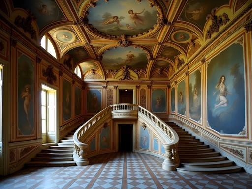 Ornate baroque staircase with trompe l'oeil paintings in Palais Lascaris, Nice