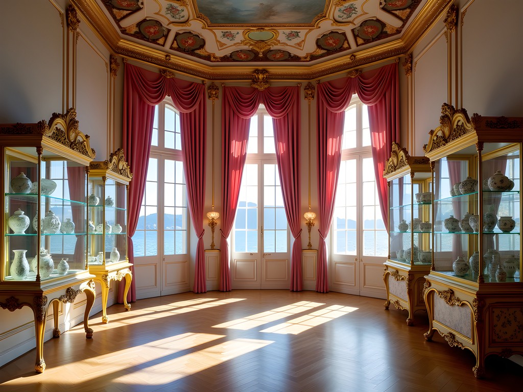 Ornate display of rare porcelain collection in Villa Ephrussi de Rothschild with pink Mediterranean light streaming through windows