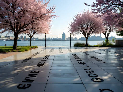 Armed Forces Memorial in Norfolk with bronze letters and harbor view