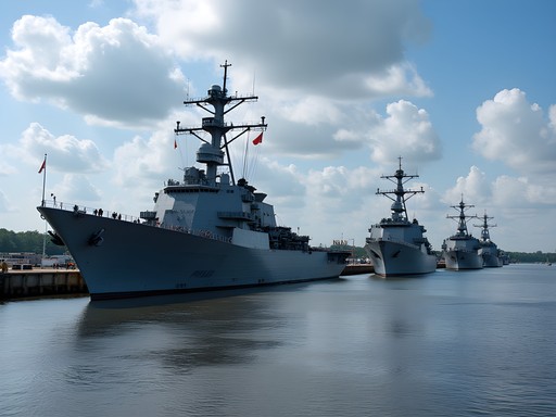 View of aircraft carriers and naval vessels at Naval Station Norfolk during guided tour