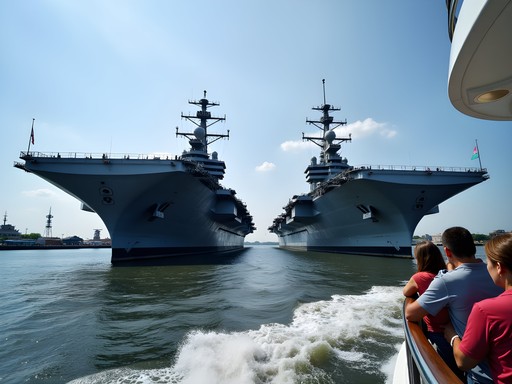 View from Victory Rover cruise boat of aircraft carriers at Naval Station Norfolk