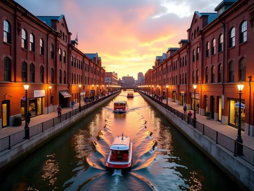 Bricktown Canal in Oklahoma City at sunset with historic brick buildings and modern lighting