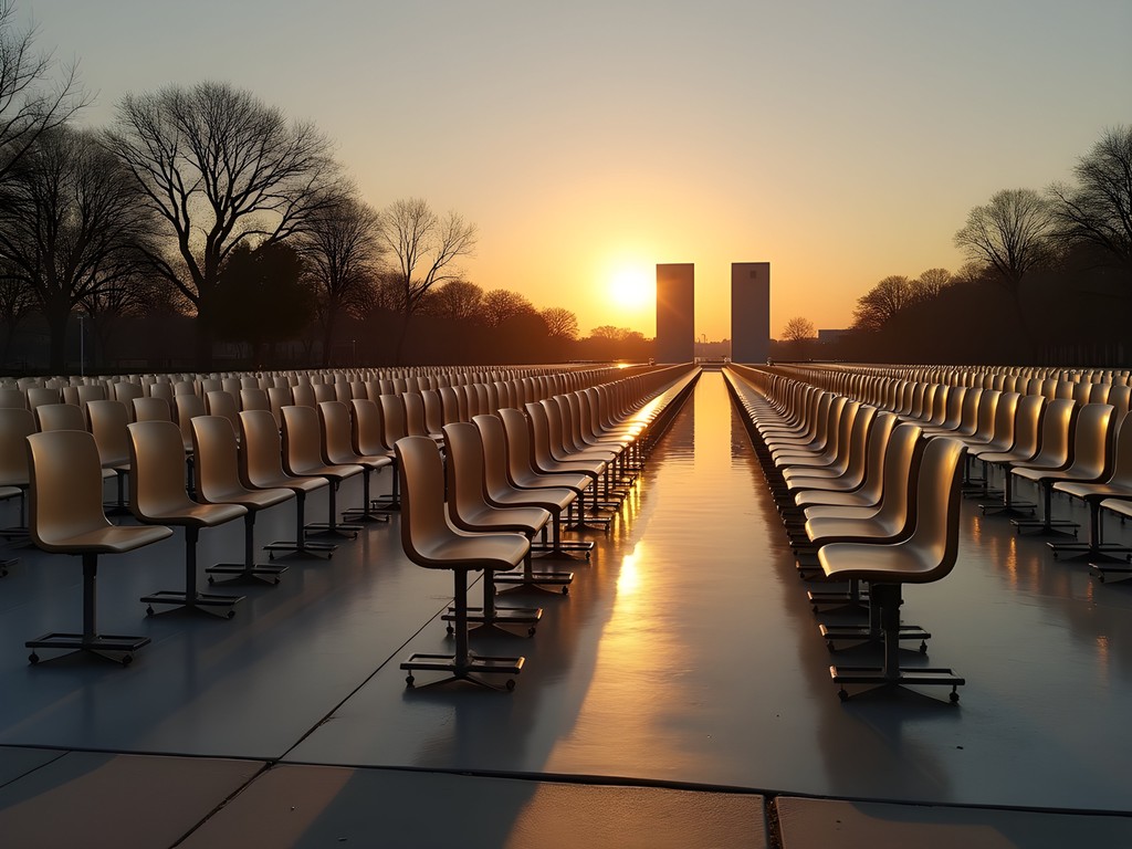 Empty chairs memorial at Oklahoma City National Memorial at dawn with soft morning light
