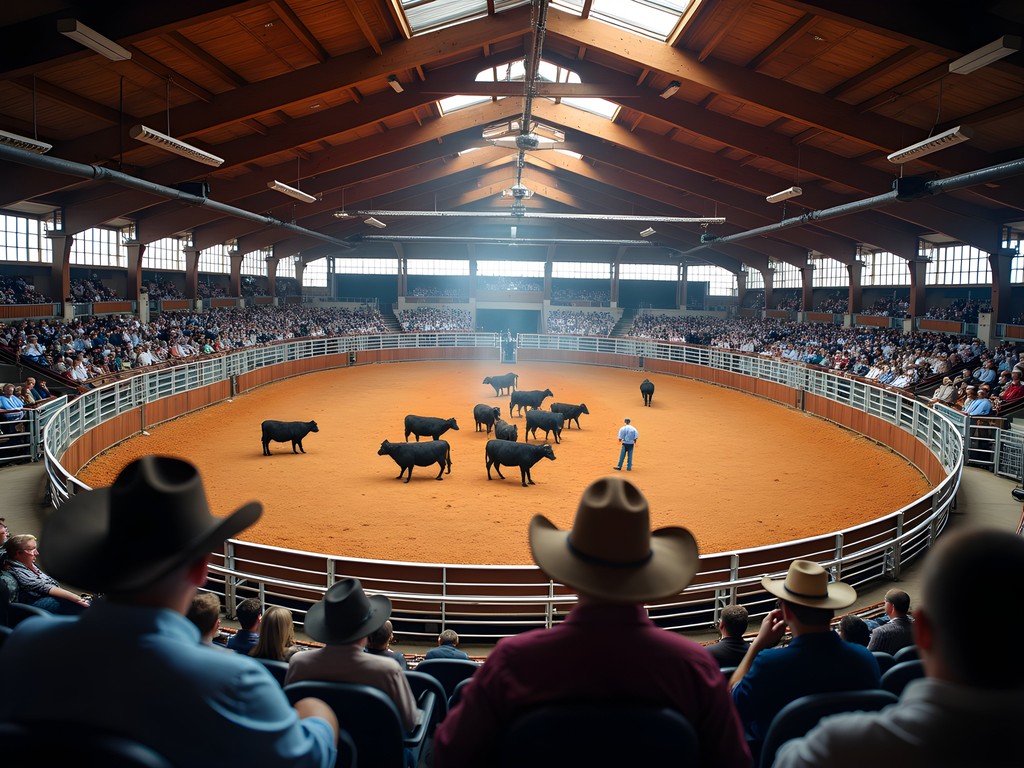 Historic cattle auction in progress at Oklahoma National Stockyards with cowboys and buyers