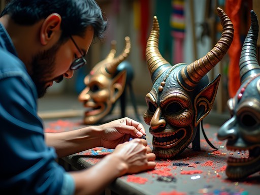 Artisan crafting traditional devil mask for Oruro Carnival in workshop surrounded by colorful materials