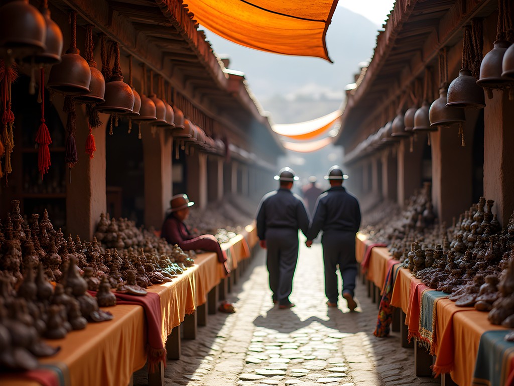 Colorful stalls at Oruro's Miners' Market displaying traditional mining equipment and ritual items
