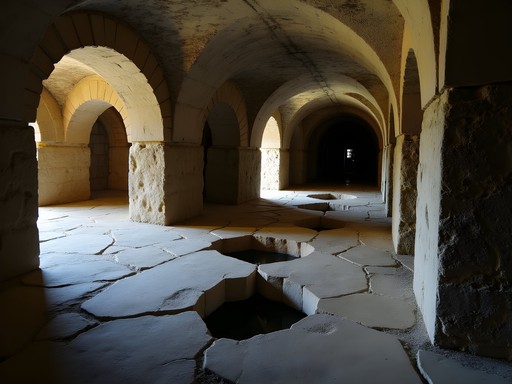 Ancient underground stone chambers beneath Drukgyel Dzong fortress in Paro Valley