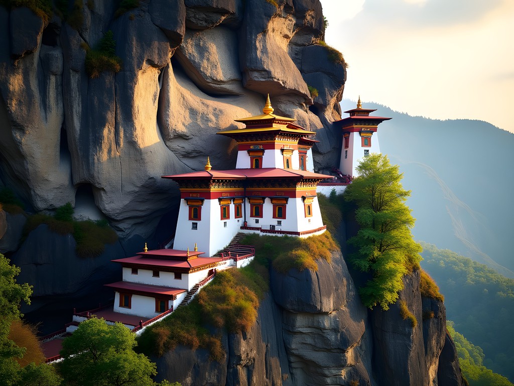 Ancient Dzongdrakha temple complex built into limestone cliff face in Paro Valley