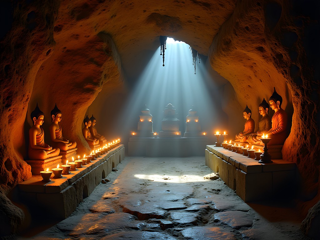 Interior of Jangsarbu Lhakhang cave temple showing butter lamps and ancient Buddhist statues
