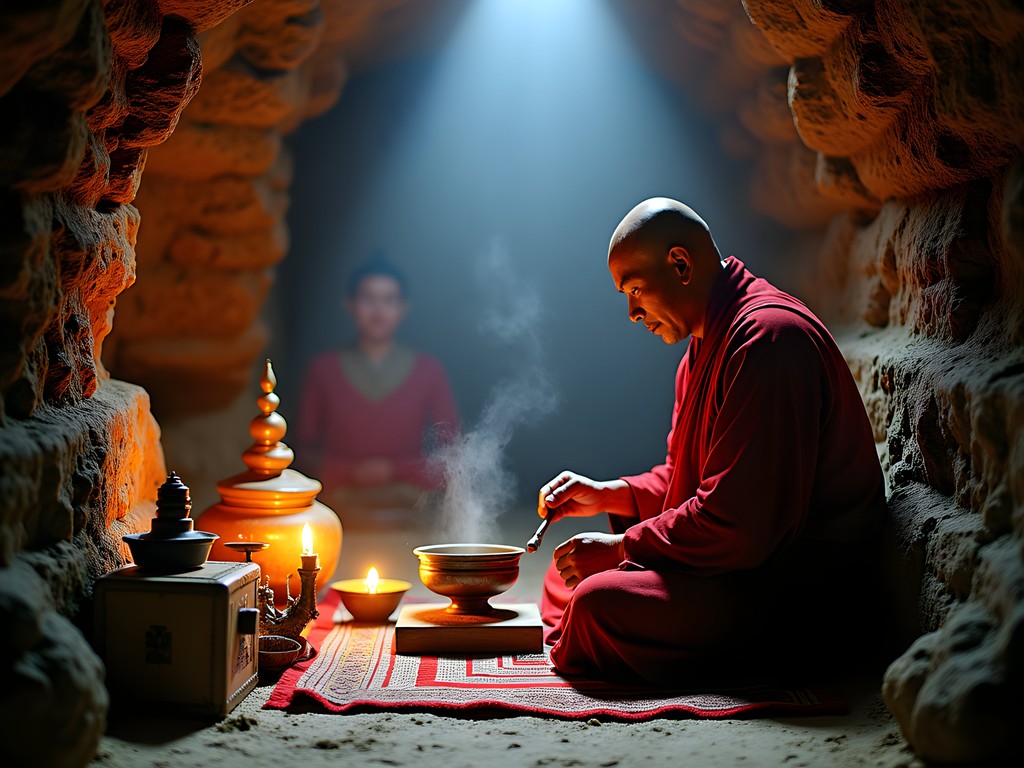Buddhist monk performing traditional tea ceremony in ancient meditation cave near Kyichu Lhakhang