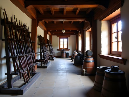 Rarely seen historical armory chamber inside Rinpung Dzong showing ancient weapons and firefighting equipment