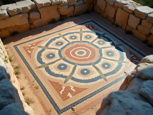 Ancient Roman mosaic floor with geometric patterns in preserved Roman villa in Pecs