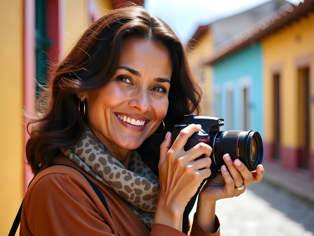 Female photographer capturing architectural details in historic Ponce, Puerto Rico