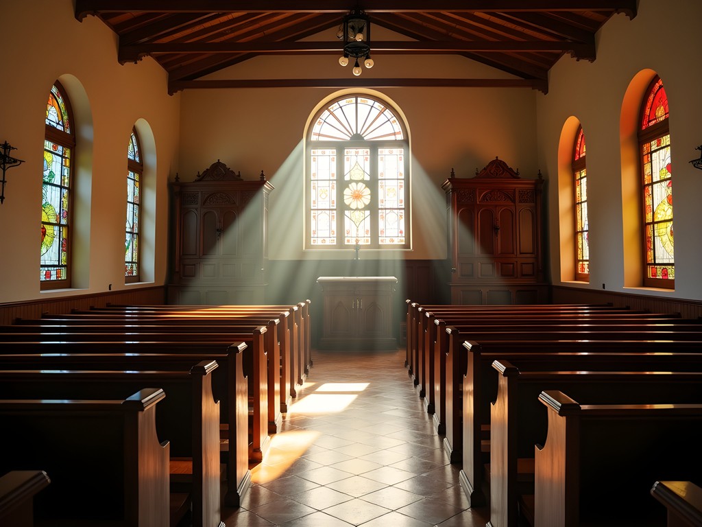 Sunlight streaming through stained glass windows in Iglesia de la Santísima Trinidad in Ponce