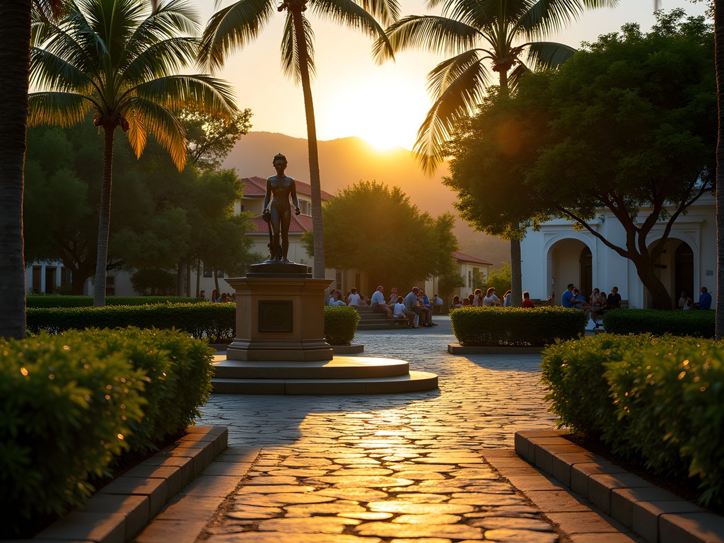 Golden sunset light in Plaza Muñoz Rivera with bronze sculpture and tropical foliage in Ponce, Puerto Rico