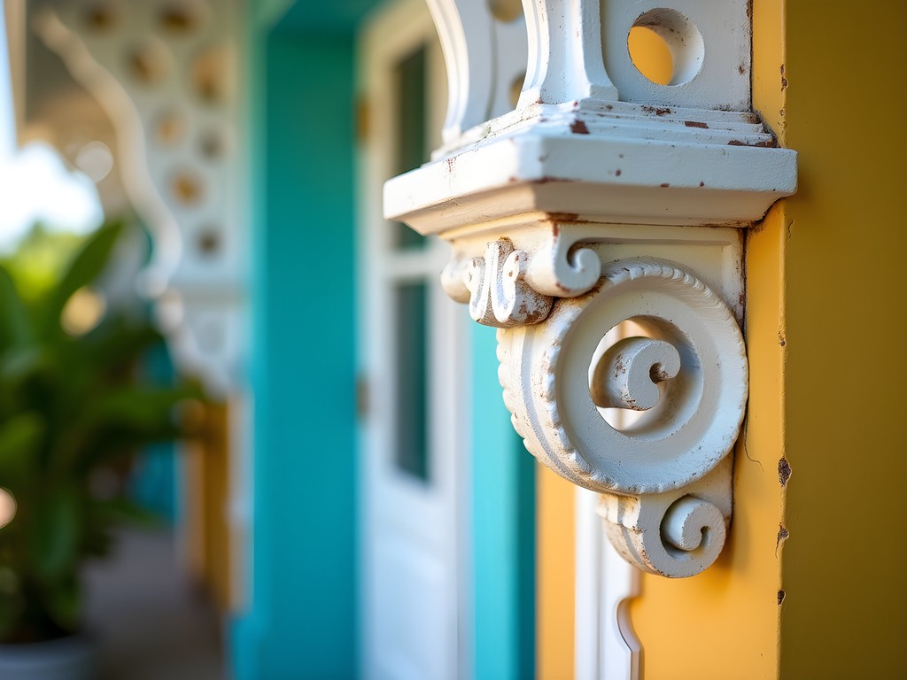 Intricate wooden 'gingerbread' trim details on a historic sugar baron mansion in Ponce, Puerto Rico
