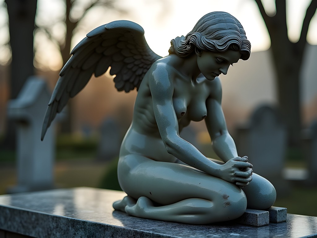 Art Nouveau angel sculpture on a marble tomb at Cemitério de Agramonte in Porto