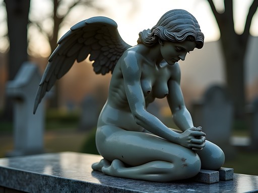Art Nouveau angel sculpture on a marble tomb at Cemitério de Agramonte in Porto