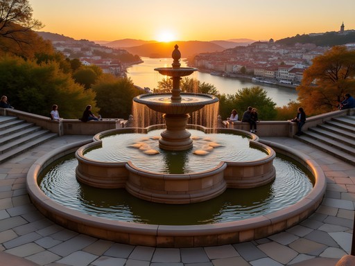 Baroque Fonte das Virtudes fountain in Porto at sunset with golden light on stone terraces