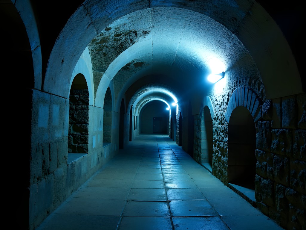 Stone archways in the atmospheric catacombs beneath Igreja de São Francisco in Porto